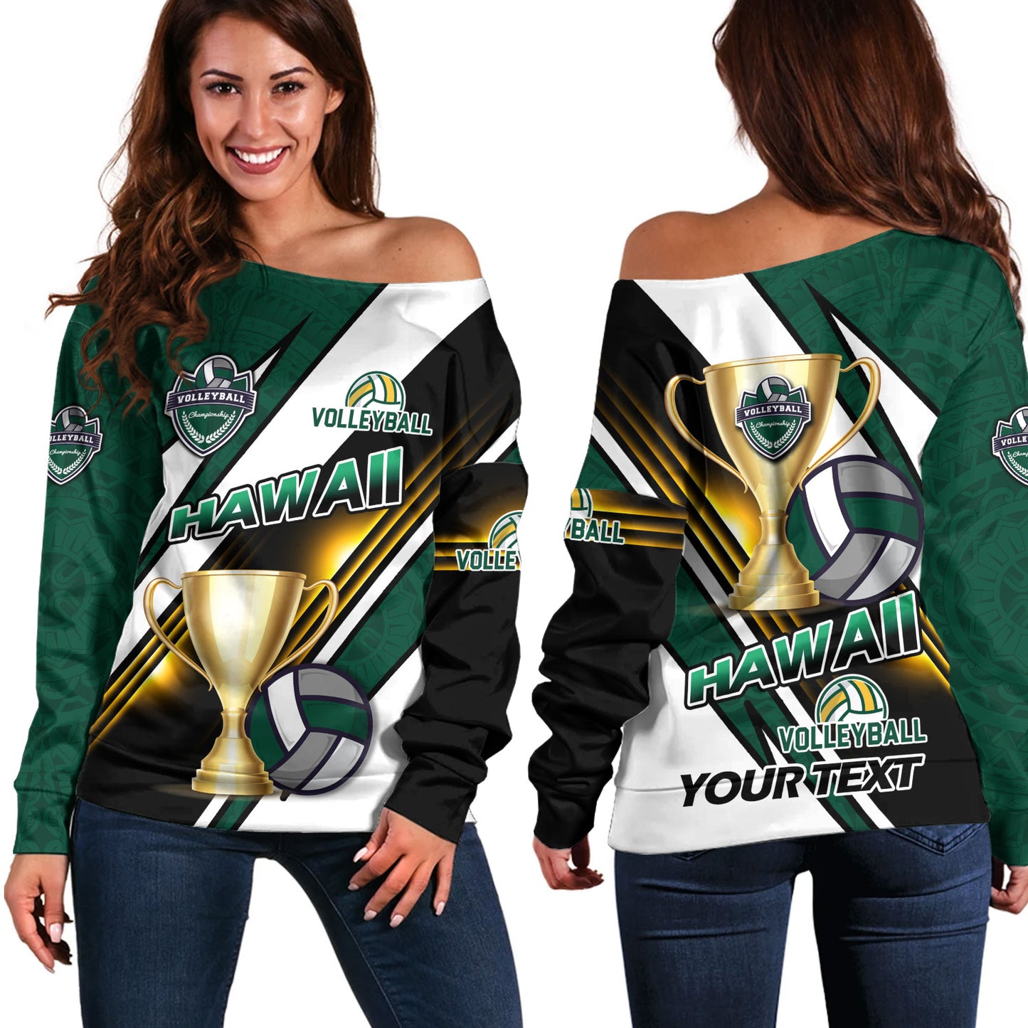 Hawaii Off Shoulder Sweatshirt Custom Volleyball Cup Championship Hawaii Polynesian Patterns