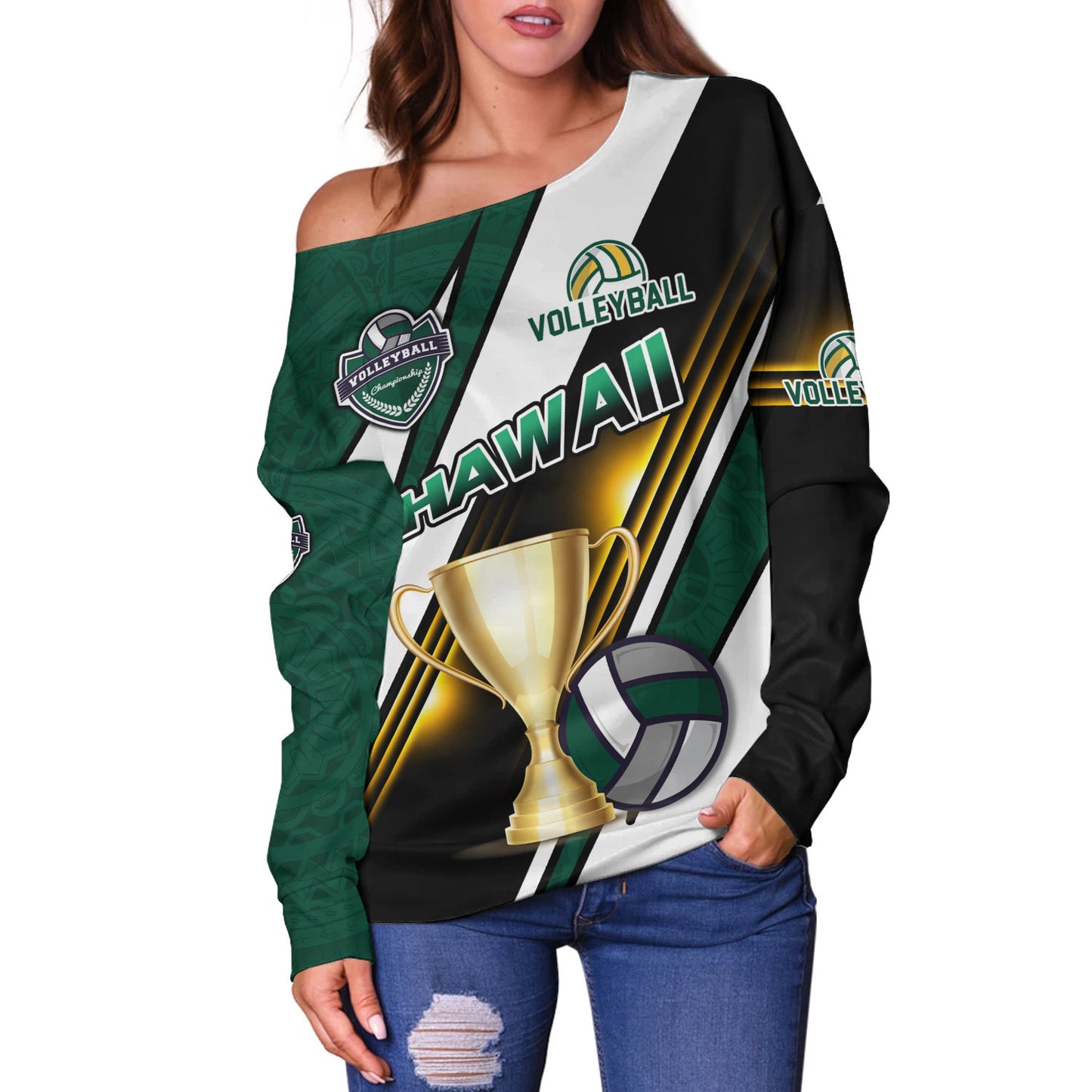 Hawaii Off Shoulder Sweatshirt Custom Volleyball Cup Championship Hawaii Polynesian Patterns