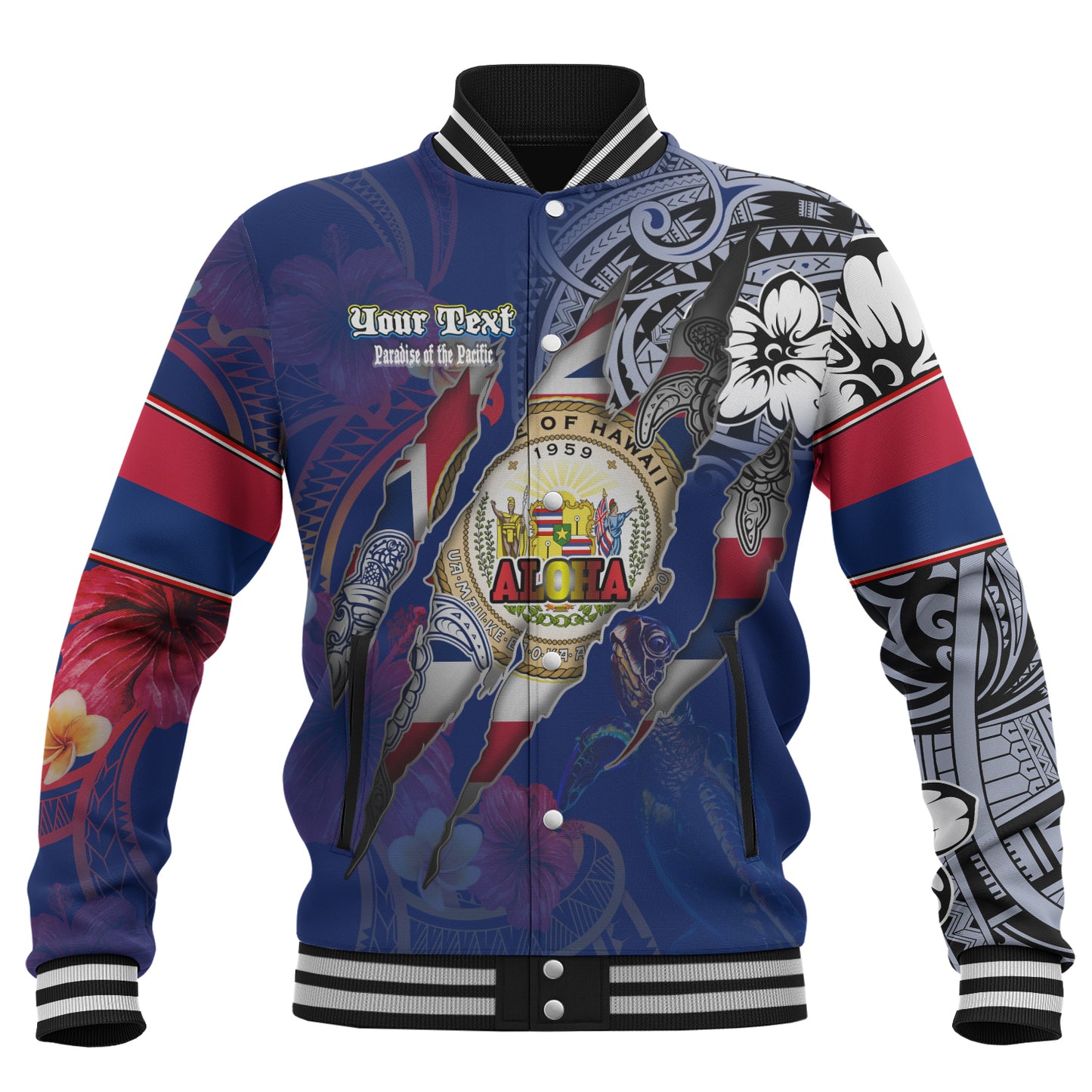 Hawaii Baseball Jacket Custom Hawaiian Blood Inside Me Polynesian Sleeve Tattoo Tropical Blue