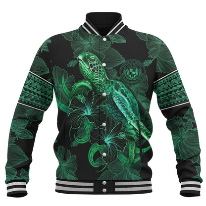 Hawaii Baseball Jacket  Sea Turtle With Blooming Hibiscus Flowers Tribal Green