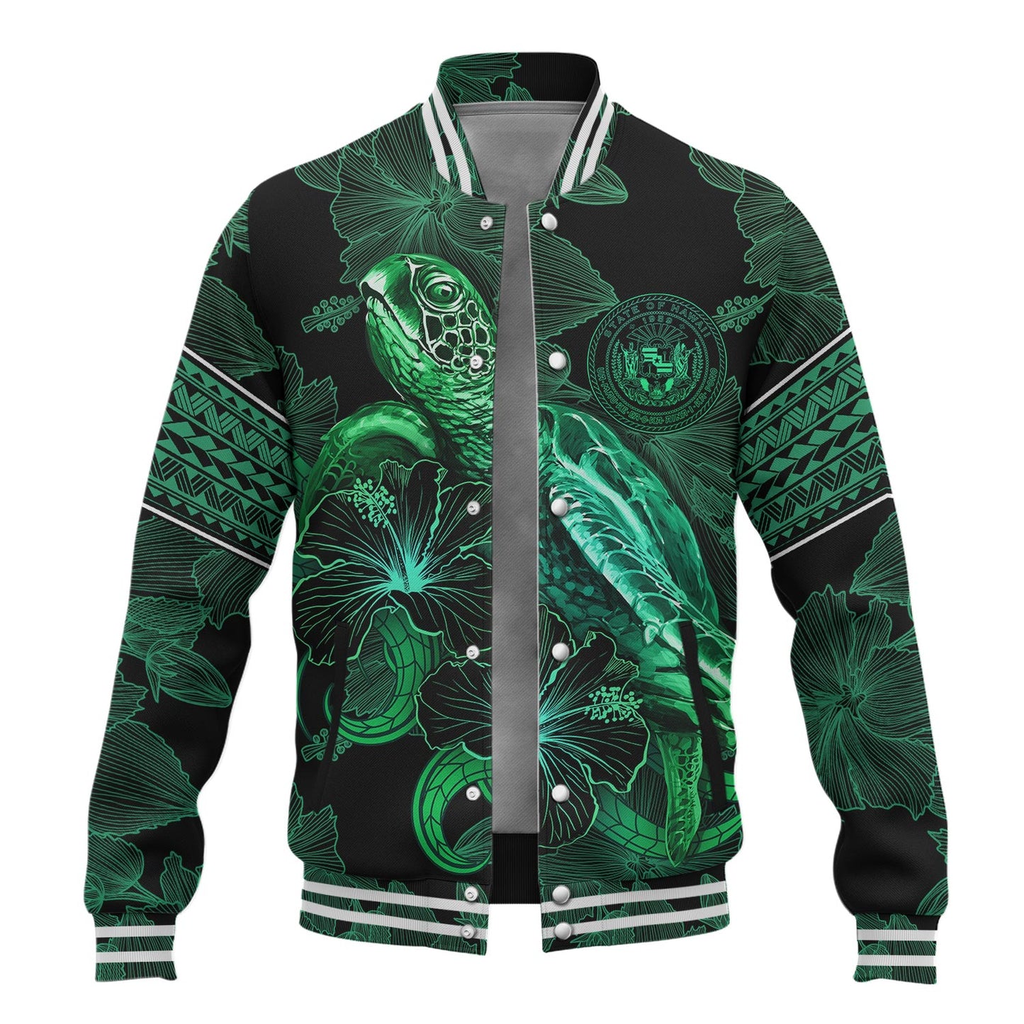 Hawaii Baseball Jacket  Sea Turtle With Blooming Hibiscus Flowers Tribal Green