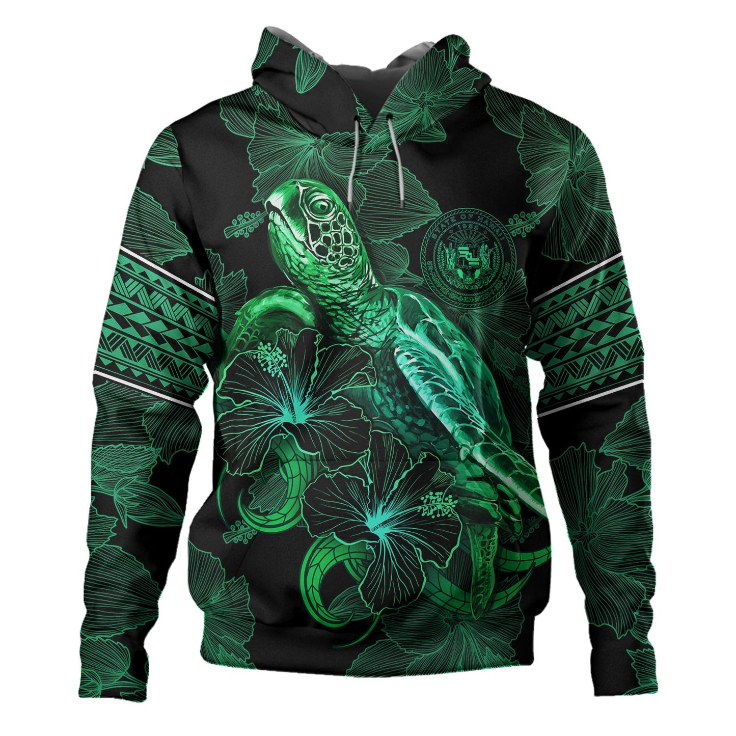Hawaii Hoodie  Sea Turtle With Blooming Hibiscus Flowers Tribal Green
