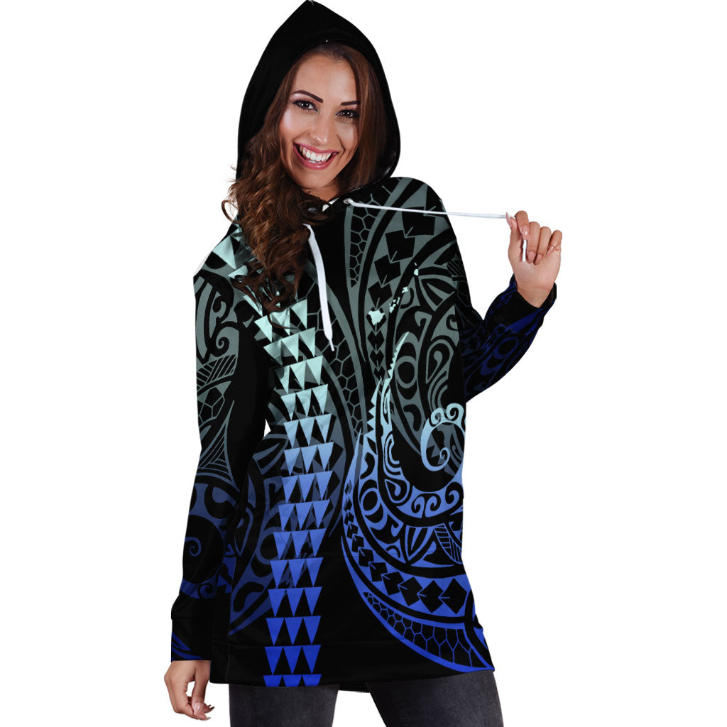 Hawaii Hoodie Dress Kakau Style Gradient Blue