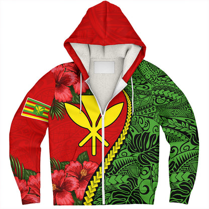 Hawaii Sherpa Hoodie Tribal Polynesian With Hibiscus Flower