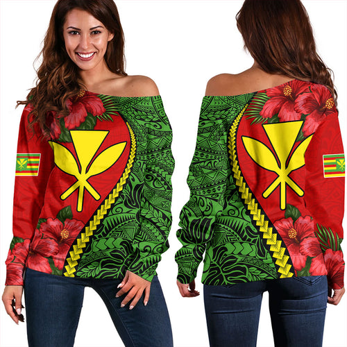 Hawaii Off Shoulder Sweatshirt Tribal Polynesian With Hibiscus Flower