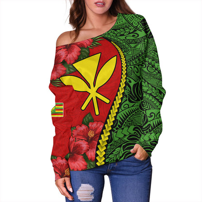Hawaii Off Shoulder Sweatshirt Tribal Polynesian With Hibiscus Flower
