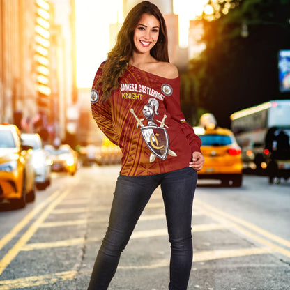 Hawaii James B. Castle High School Off Shoulder Sweatshirt - Knights With Shield Hawaii Patterns