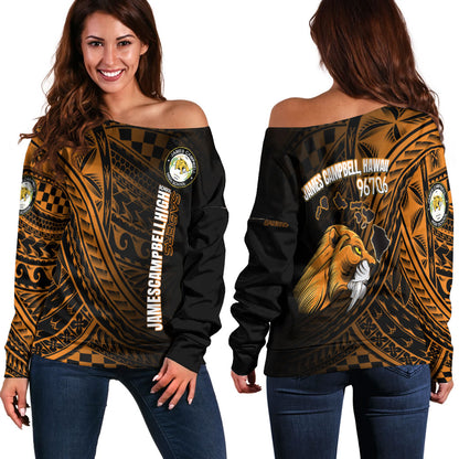 Hawaii James Campbell High School Off Shoulder Sweatshirt - Head Saber Tooth Mascot Hawaii Patterns