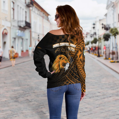 Hawaii James Campbell High School Off Shoulder Sweatshirt - Head Saber Tooth Mascot Hawaii Patterns