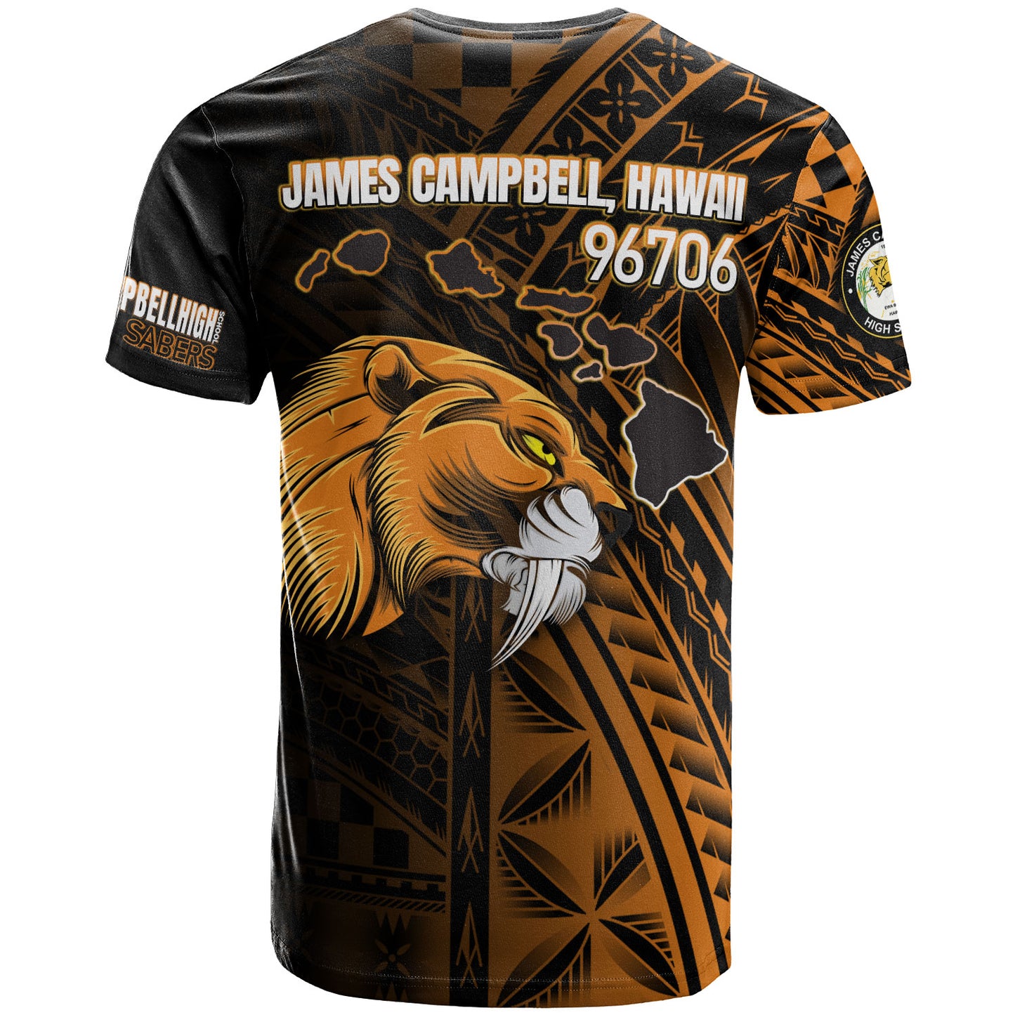 Hawaii James Campbell High School T-Shirt - Custom Head Saber Tooth Mascot Hawaii Patterns