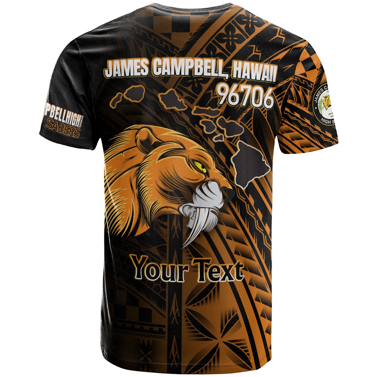 Hawaii James Campbell High School T-Shirt - Custom Head Saber Tooth Mascot Hawaii Patterns