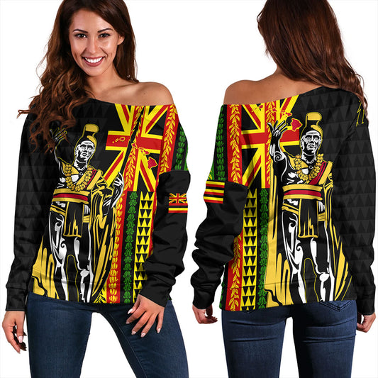 Hawaii Off Shoulder Sweatshirt Kanaka King Aloha Flag With Flower Lie Beautiful