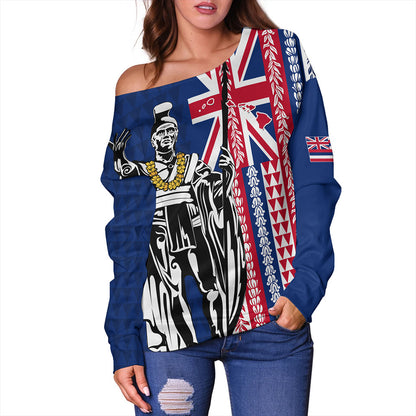 Hawaii Off Shoulder Sweatshirt King Aloha Flag With Flower Lie Beautiful