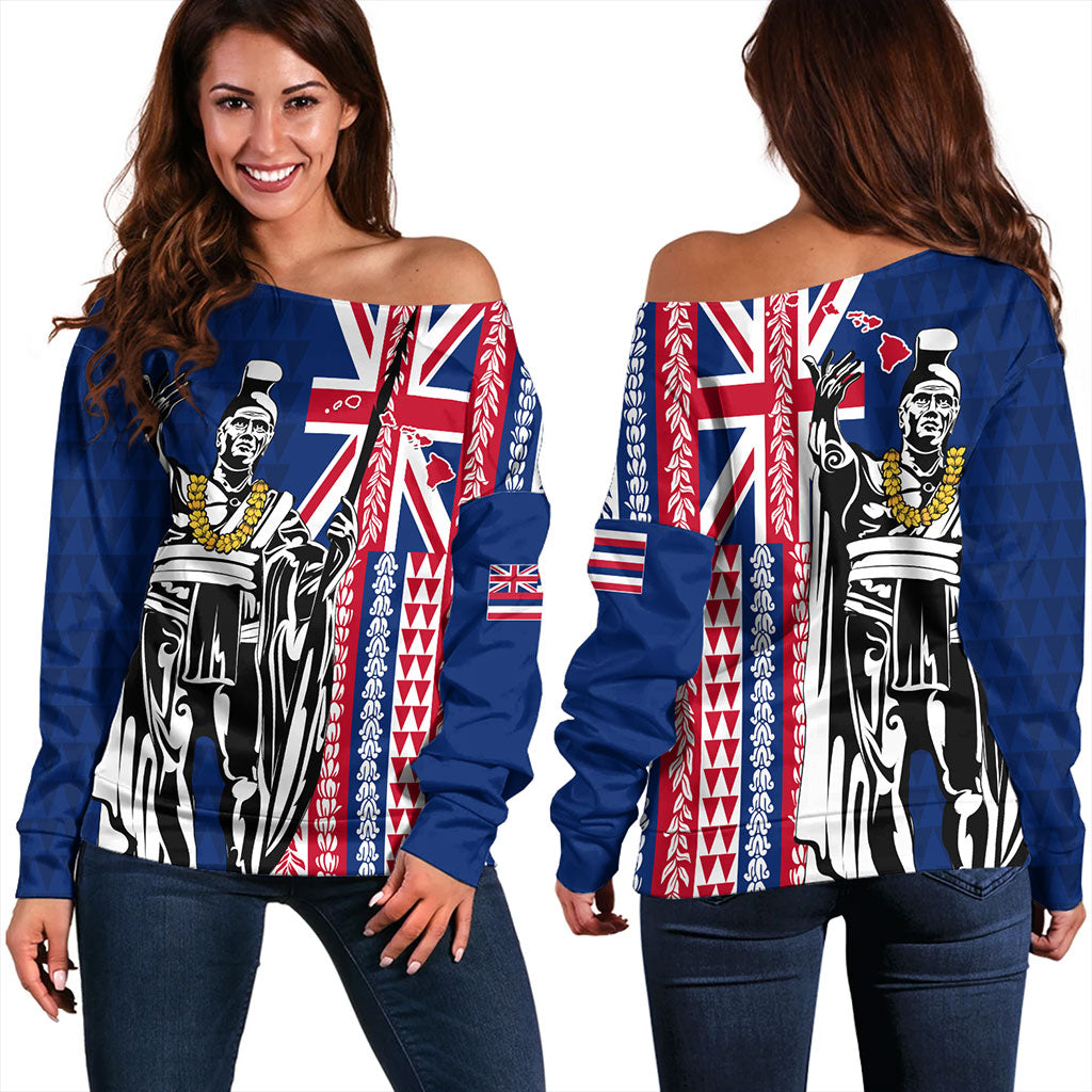 Hawaii Off Shoulder Sweatshirt King Aloha Flag With Flower Lie Beautiful