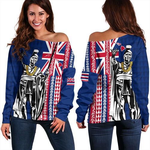 Hawaii Off Shoulder Sweatshirt King Aloha Flag With Flower Lie Beautiful