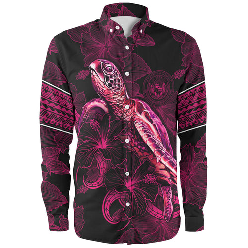 Hawaii Long Sleeve Shirt Sea Turtle With Blooming Hibiscus Flowers Tribal Maroon