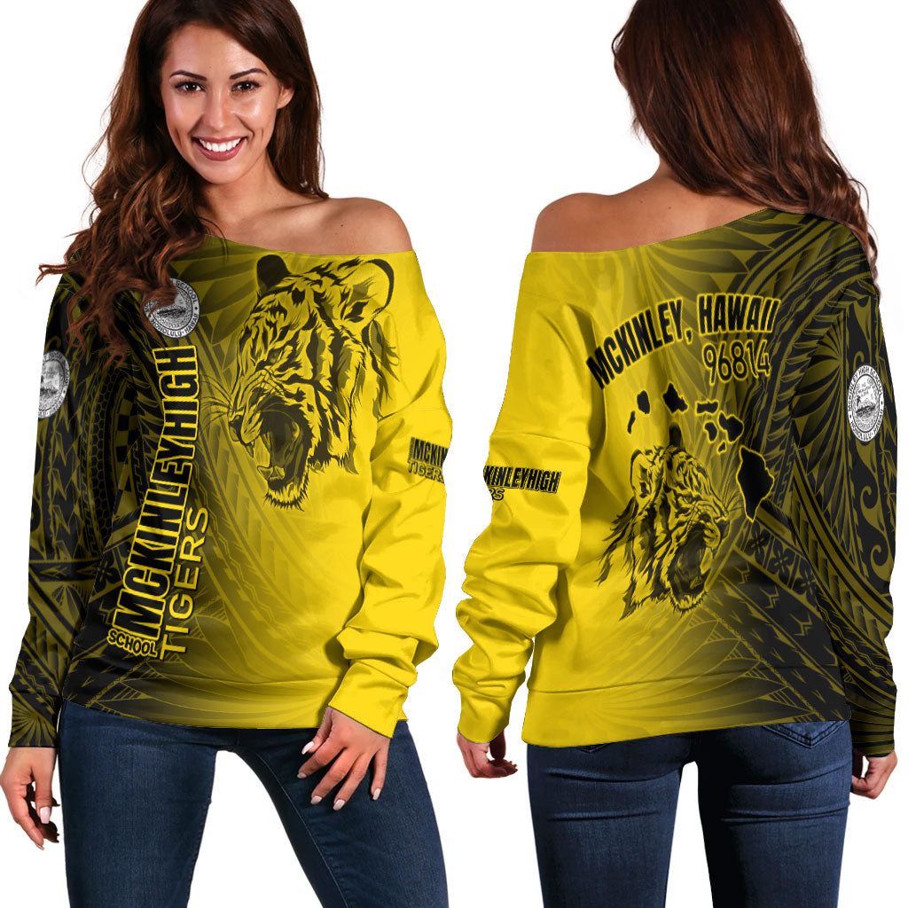 Hawaii McKinley High School Off Shoulder Sweatshirt - Tigers Mascot Hawaii Patterns