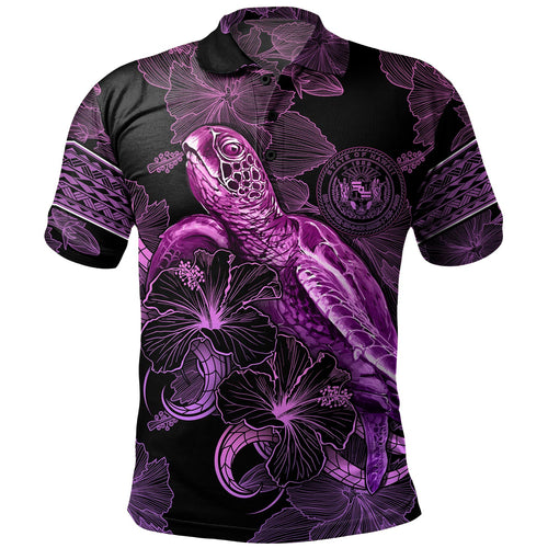 Hawaii Polo Shirt Sea Turtle With Blooming Hibiscus Flowers Tribal Purple