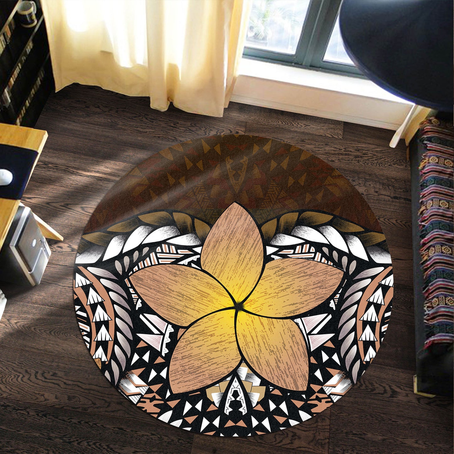 Hawaii Round Rug Hawaii Plumeria Polynesian Traditional Patterns Vintage Version