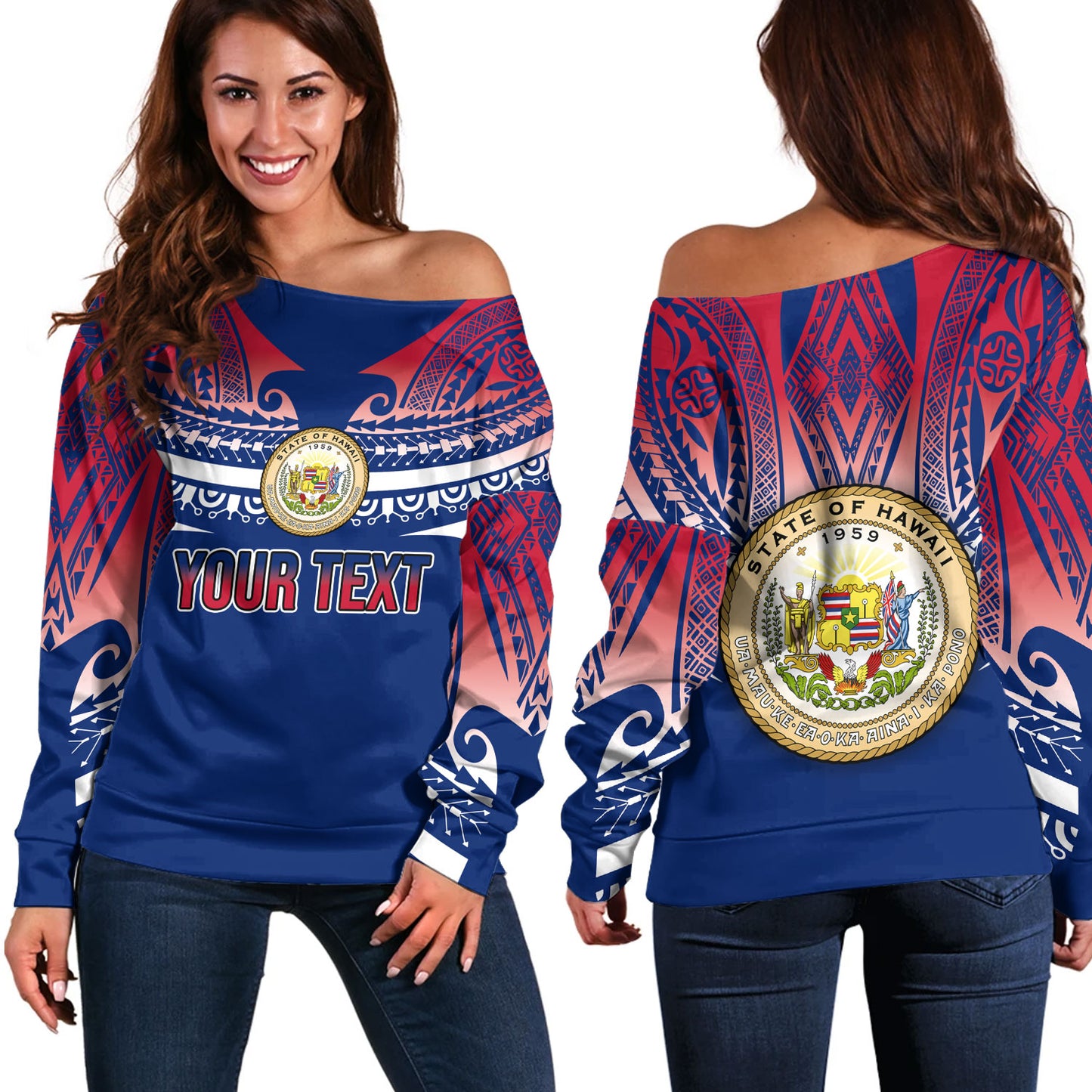 Hawaii Custom Personalised Off Shoulder Sweatshirt Polynesian Tattoo Style Flag Color