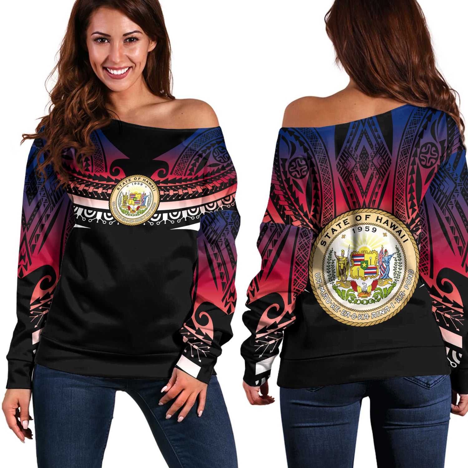 Hawaii Custom Personalised Off Shoulder Sweatshirt Polynesian Tattoo Style Flag Color