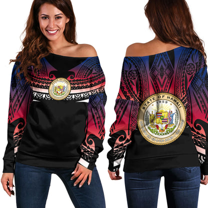 Hawaii Custom Personalised Off Shoulder Sweatshirt Polynesian Tattoo Style Flag Color