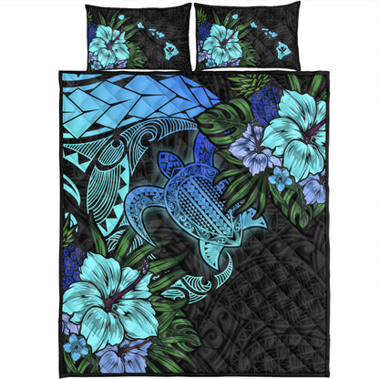 Hawaii Quilt Bed Set Hawaii Polynesian Turtle Tropical Blue Gardient Blue