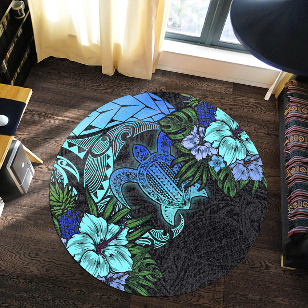 Hawaii Round Rug Hawaii Polynesian Turtle Tropical Blue Gardient Blue