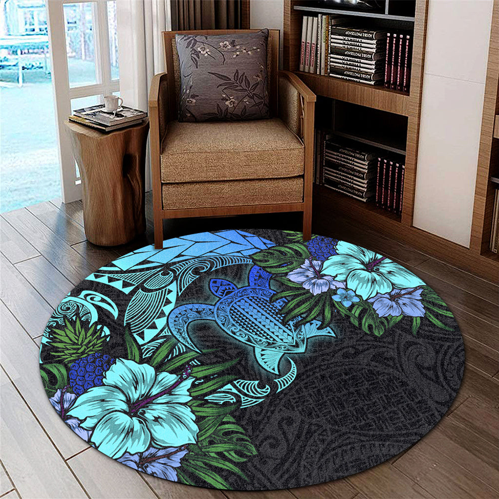 Hawaii Round Rug Hawaii Polynesian Turtle Tropical Blue Gardient Blue