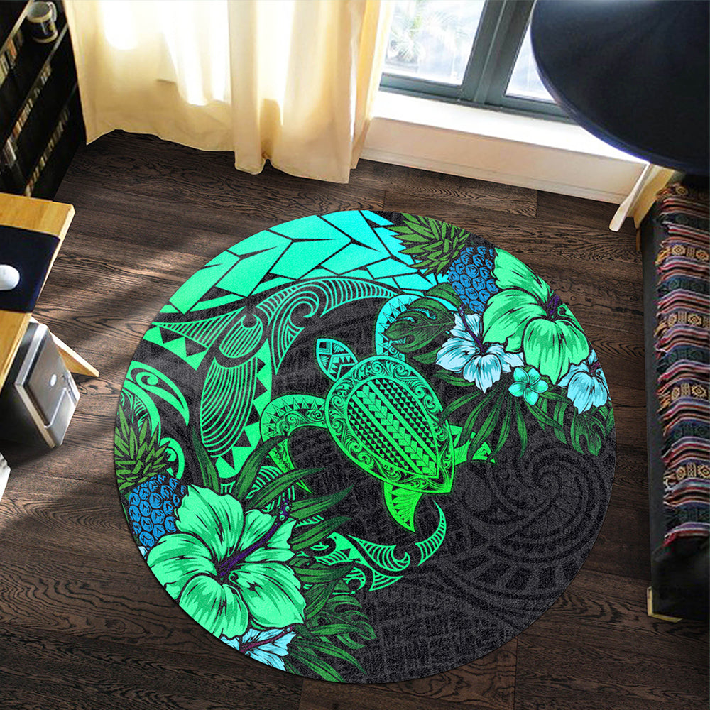 Hawaii Round Rug Hawaii Polynesian Turtle Tropical Gardient Green