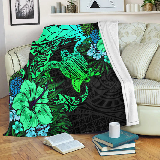 Hawaii Premium Blanket Hawaii Polynesian Turtle Tropical Gardient Green