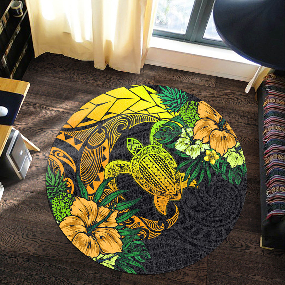 Hawaii Round Rug Hawaii Polynesian Turtle Tropical Gardient Yellow