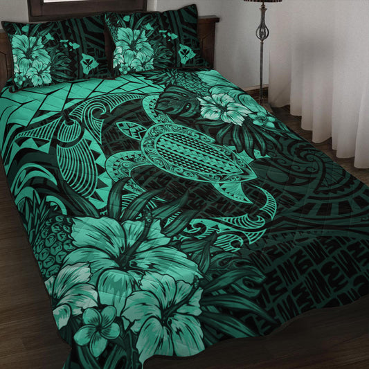 Hawaii Quilt Bed Set Hawaii Polynesian Turtle Tropical Patina Green