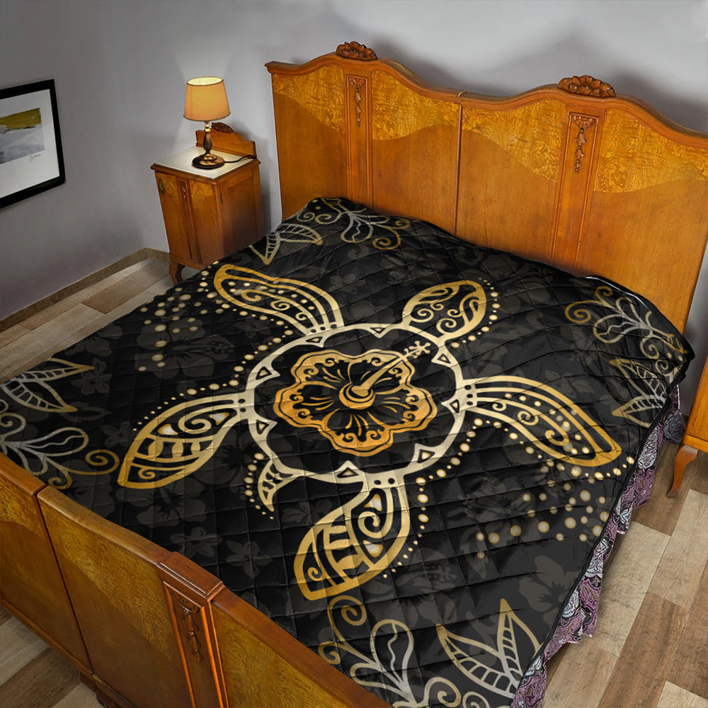 Hawaii Premium Quilt Golden Hibiscus And Turtle