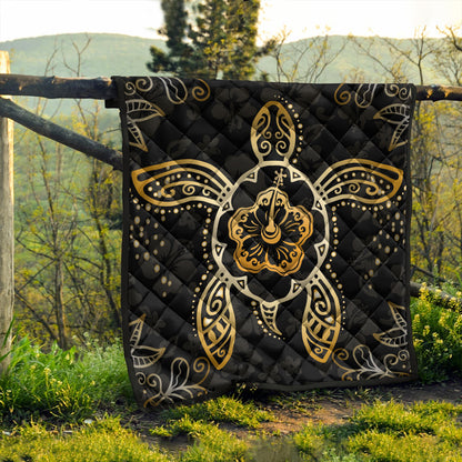 Hawaii Premium Quilt Golden Hibiscus And Turtle