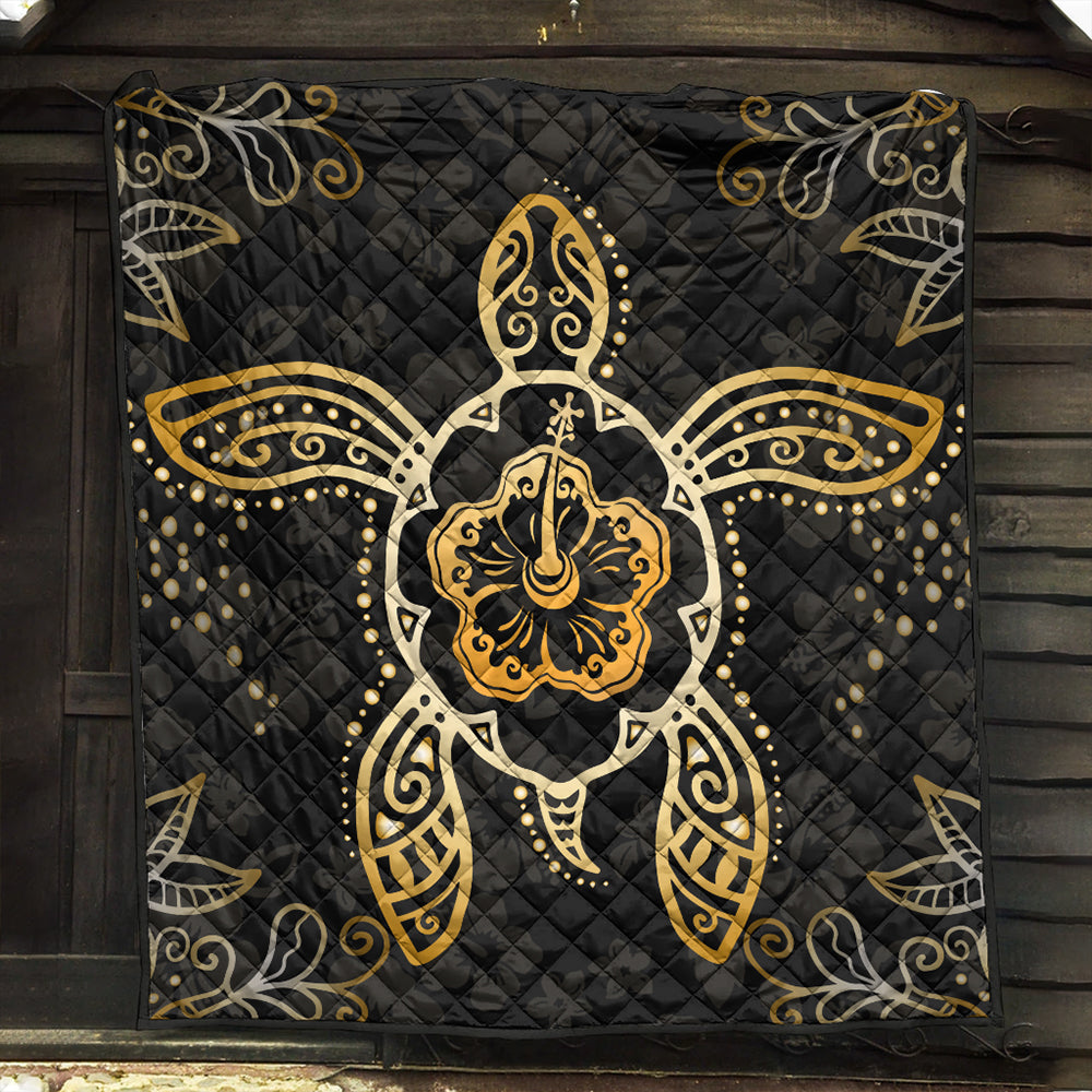 Hawaii Premium Quilt Golden Hibiscus And Turtle