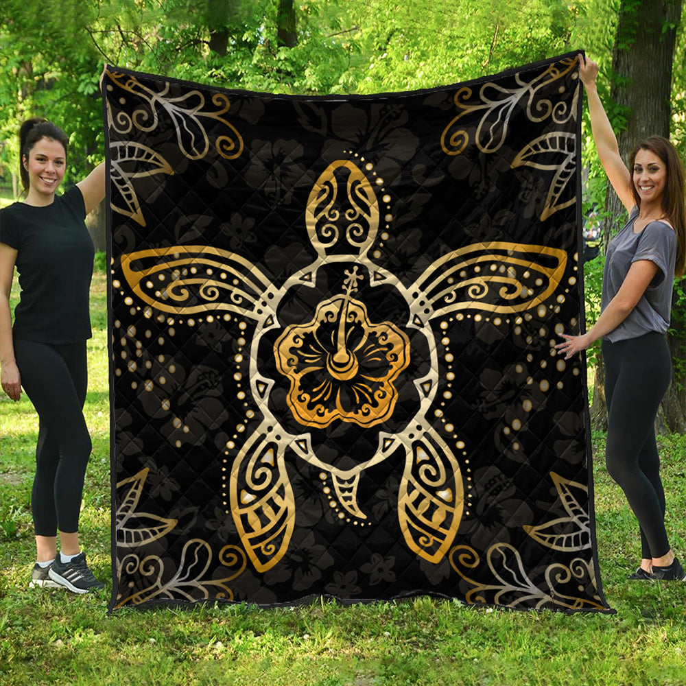 Hawaii Premium Quilt Golden Hibiscus And Turtle