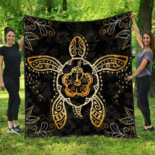Hawaii Premium Quilt Golden Hibiscus And Turtle