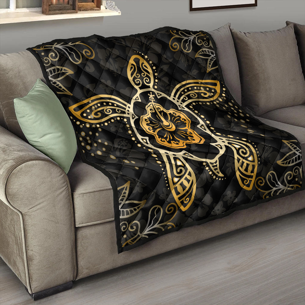 Hawaii Premium Quilt Golden Hibiscus And Turtle
