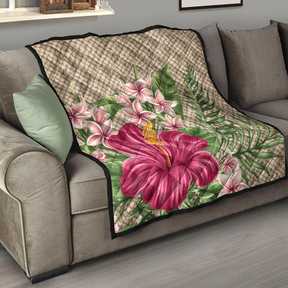 Hawaii Premium Quilt Hibiscus Plumeria Palm Leaves Lauhala Background Polynesian