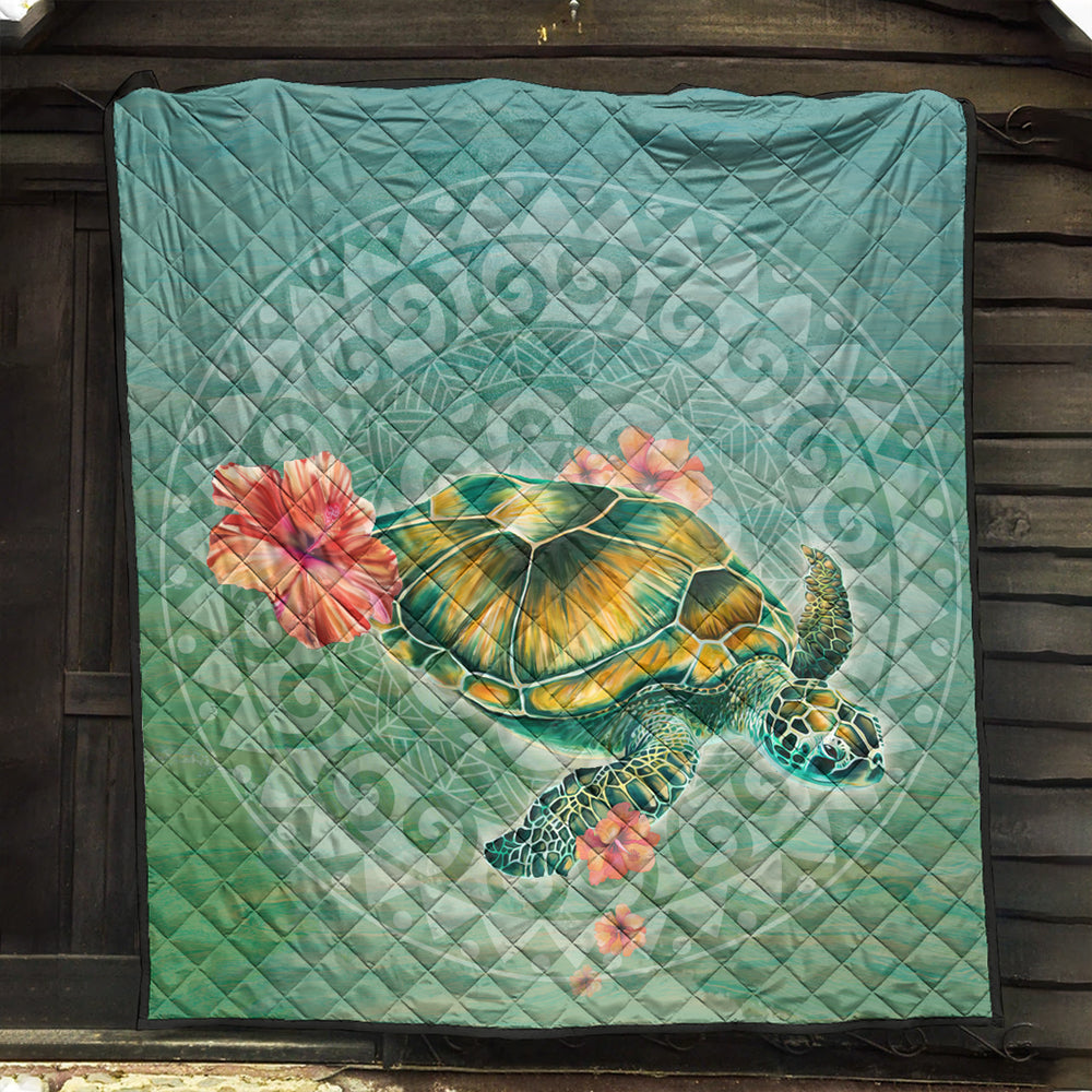 Hawaii Premium Quilt Hibiscus Turtle Swimming