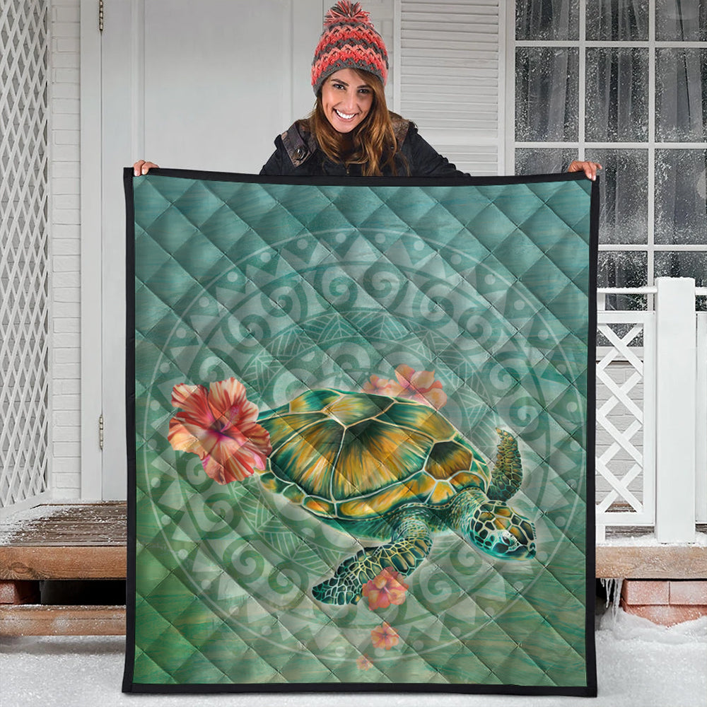 Hawaii Premium Quilt Hibiscus Turtle Swimming