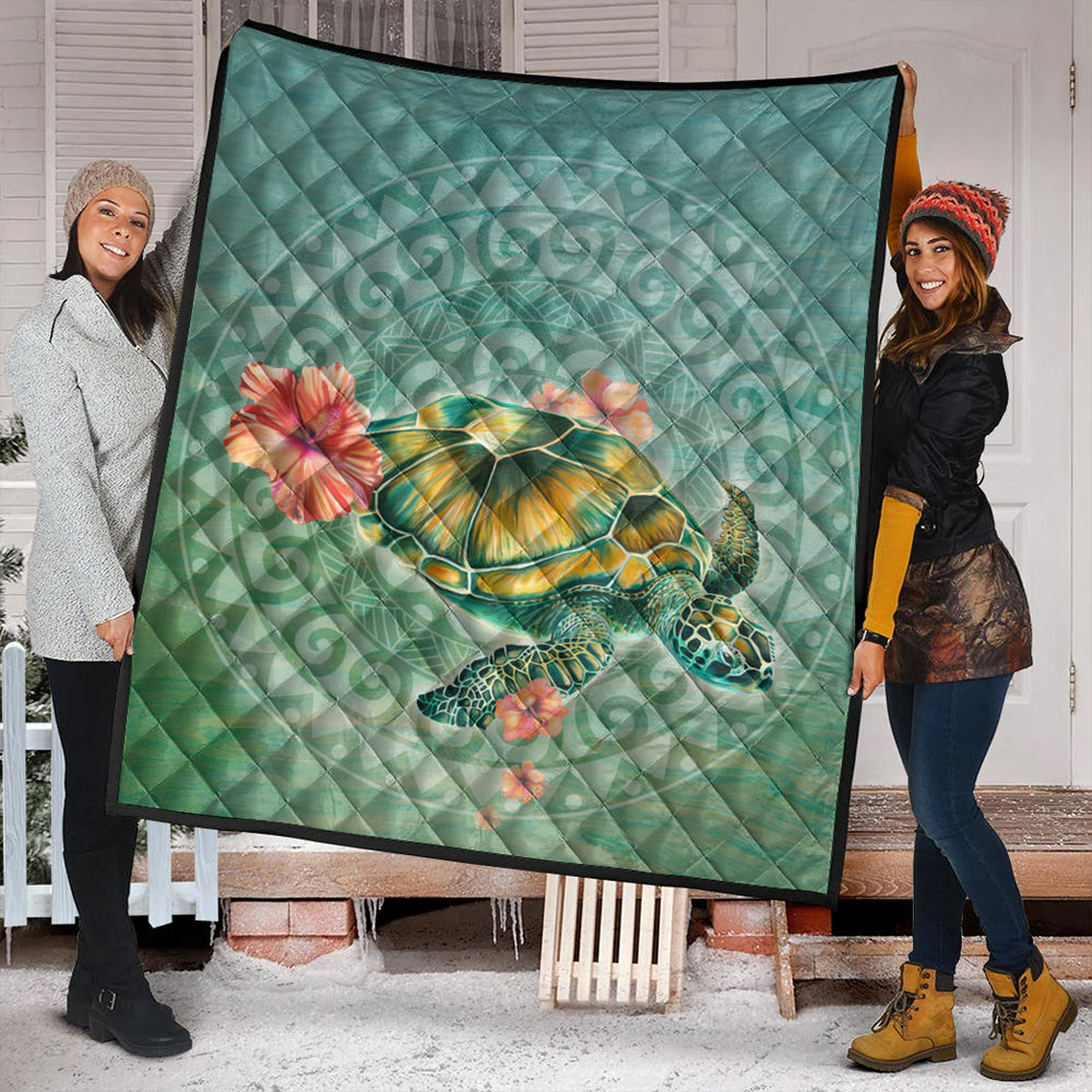 Hawaii Premium Quilt Hibiscus Turtle Swimming