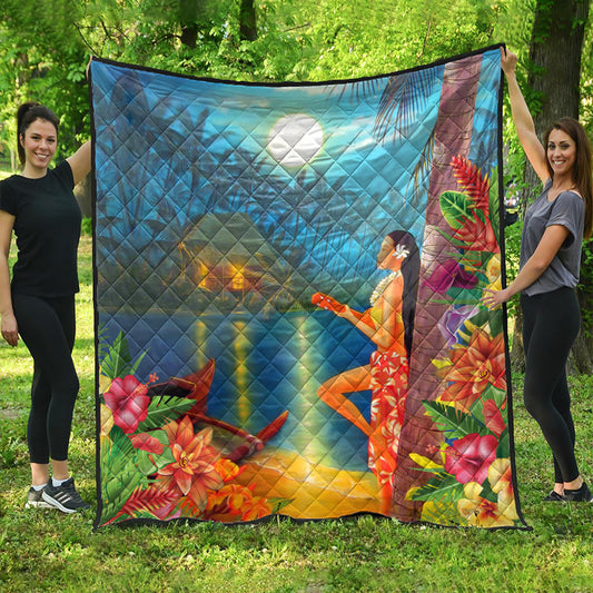 Hawaii Premium Quilt Hula Girl Sing In Village