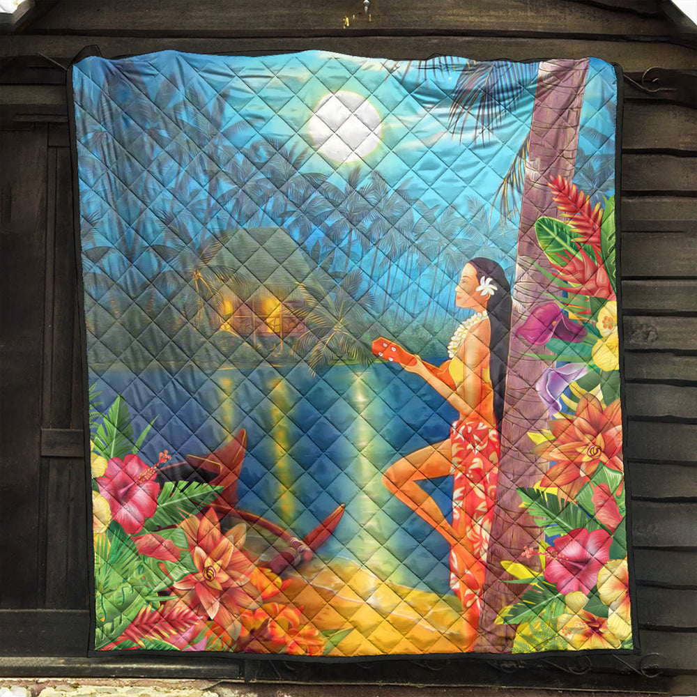 Hawaii Premium Quilt Hula Girl Sing In Village
