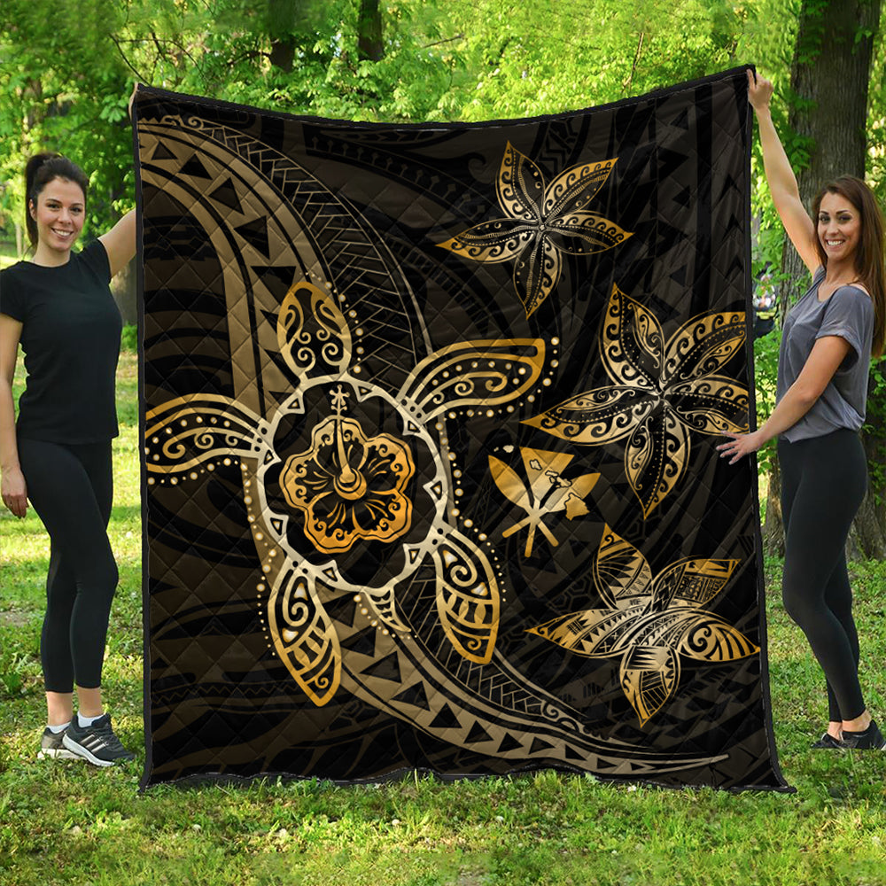 Hawaii Premium Quilt Kanaka Maoli Map Hibiscus Plumeria Turtle Art Polynesian Gold