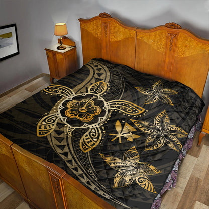 Hawaii Premium Quilt Kanaka Maoli Map Hibiscus Plumeria Turtle Art Polynesian Gold