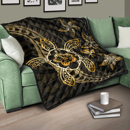 Hawaii Premium Quilt Kanaka Maoli Map Hibiscus Plumeria Turtle Art Polynesian Gold