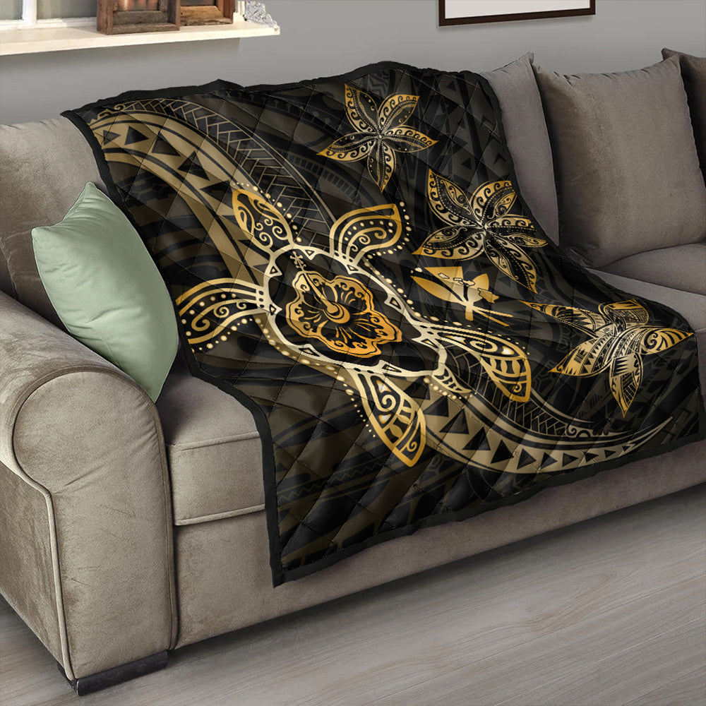 Hawaii Premium Quilt Kanaka Maoli Map Hibiscus Plumeria Turtle Art Polynesian Gold