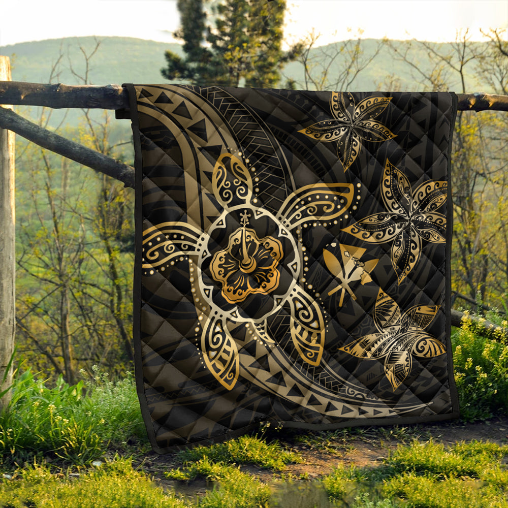 Hawaii Premium Quilt Kanaka Maoli Map Hibiscus Plumeria Turtle Art Polynesian Gold
